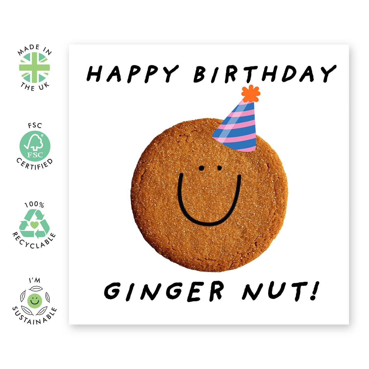 Smiling Happy Birthday Card - 'Ginger Nut' - Gifts for Friend, Colleagues, Coworker, Brother, Sister - Party Hat - Comes with Fun Stickers