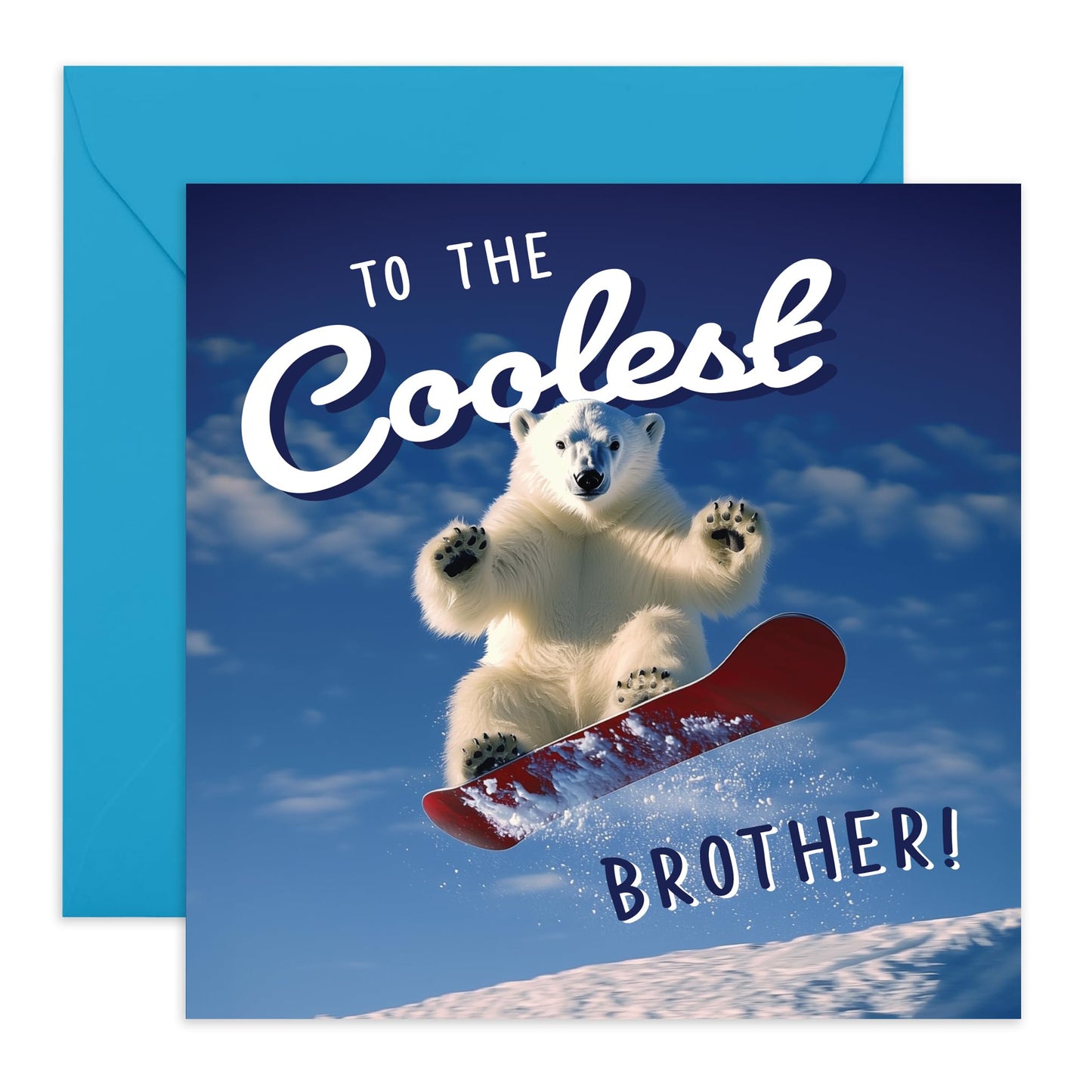 Bro's Birthday Card - 'Coolest Brother Polar Bear' - Gifts for Sibling, Big or Little Bro, Family, Bruv, Mate, In-Law, Step Brother - Snowboard - Comes with Fun Stickers