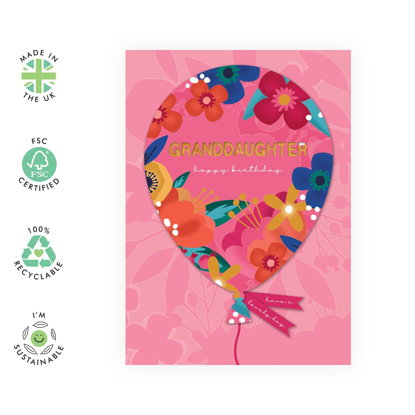 Granddaughter Birthday Card - Birthday Balloons - Pretty Pink Flower Card - Happy Birthday Card For Her - Gifts From Nan Grandparents - Comes With Fun Stickers - By Central 23