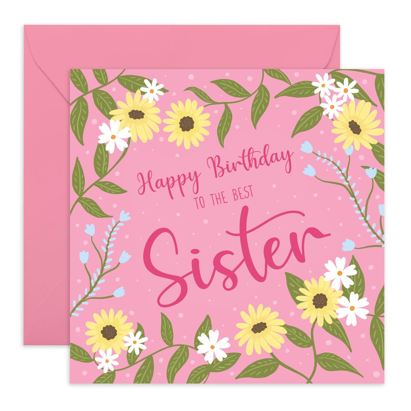 Sweet Birthday Card - 'Birthday Sister' - Cute Gifts for Sis, Sibling, Sistah, Family - Pink and Flowers - Comes with Fun Stickers
