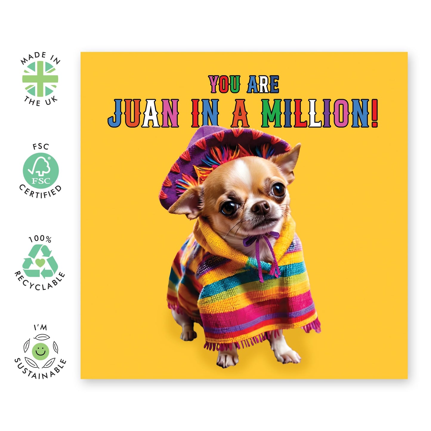 Funny Birthday Cards For Men Women - Juan In A Million - Humorous Chihuahua Dog Greeting Card for Fur Mum Dad Husband Wife Son Daughter Mummy Ma Her Him - Mothers Day Card -Comes With Cute Stickers