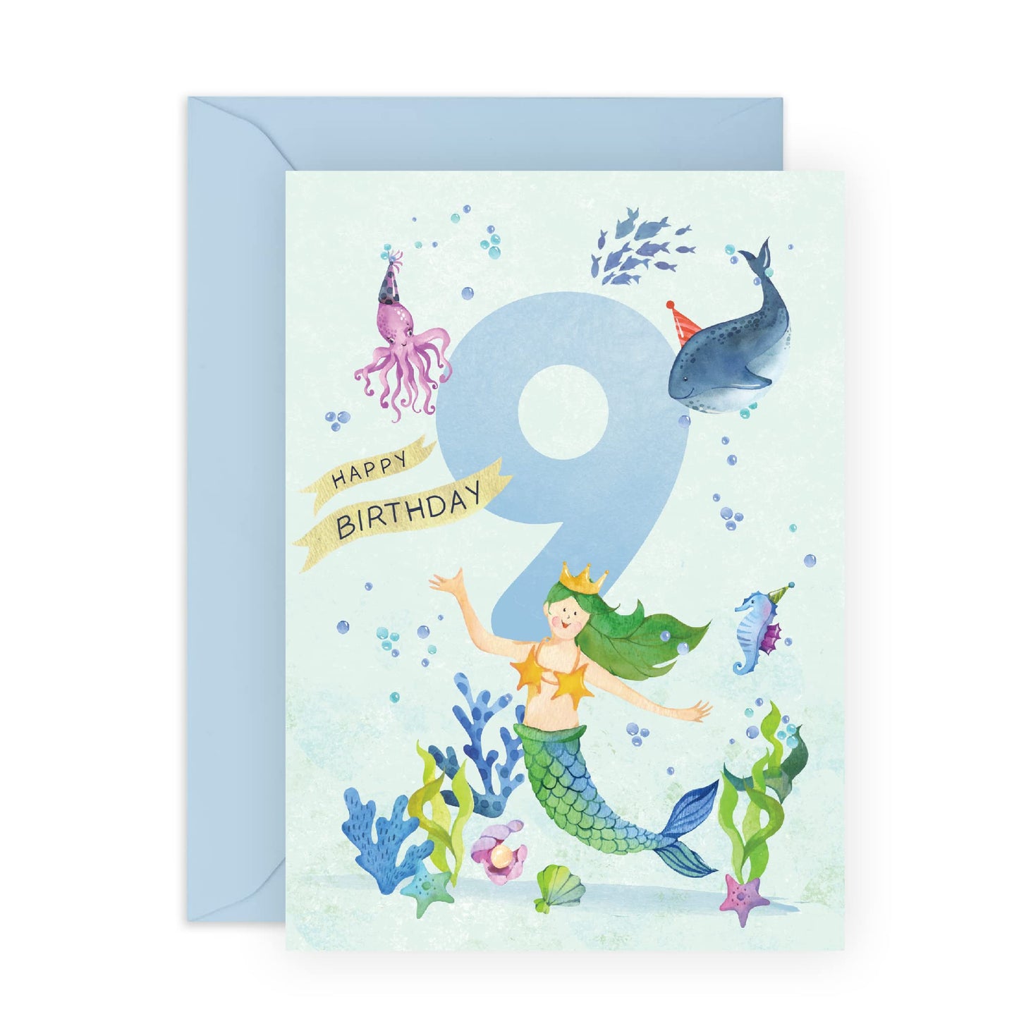 Birthday Card For Girl 9 Year Old - Underwater Theme Mermaid - Girls Birthday Cards Age 9 - 9th Birthday Girl Card - Comes With Fun Stickers - Made In The UK By Central 23