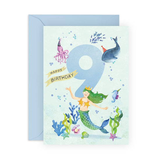 Birthday Card For Girl 9 Year Old - Underwater Theme Mermaid - Girls Birthday Cards Age 9 - 9th Birthday Girl Card - Comes With Fun Stickers - Made In The UK By Central 23