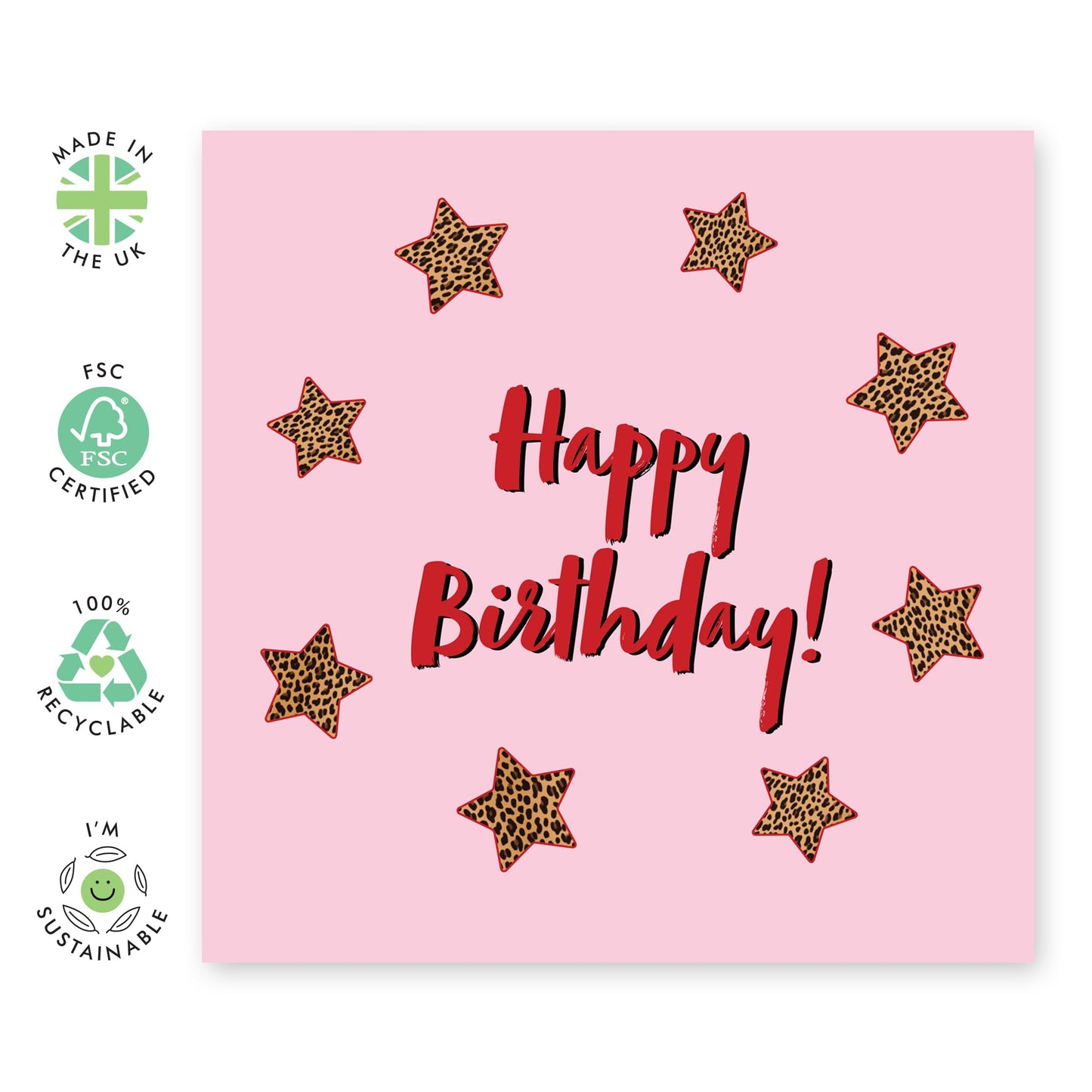 Happy Birthday Card - Bold Leopard Print Star Design - Fun and Stylish Greeting for Friends, Family, Her, Women or Loved Ones - Blank Inside with Premium Red Envelope