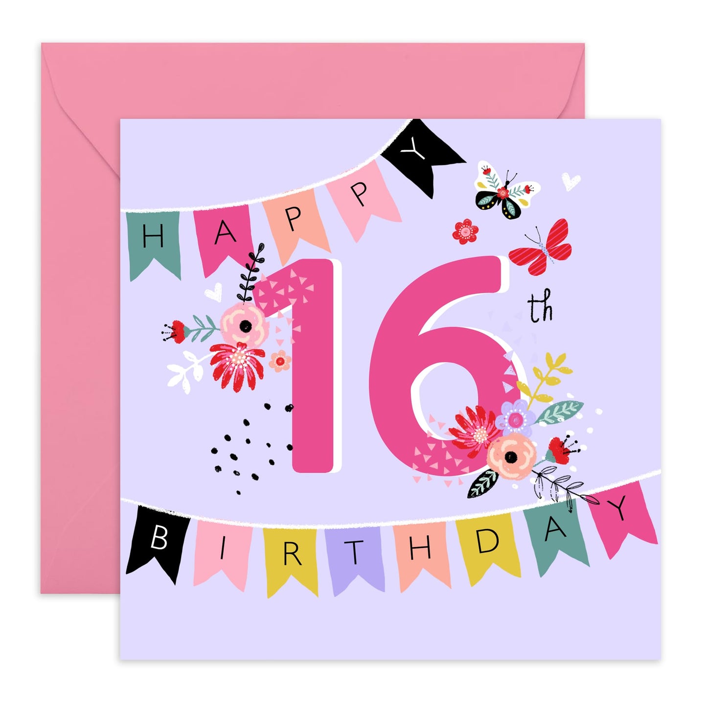 Sixteen Birthday Cards For Kids - 16th Birthday Bunting - Girl Birthday Card 16th Year Old - Bday Card - Happy Birthday Card For Daughter Granddaughter Niece - Comes With Stickers By Central 23