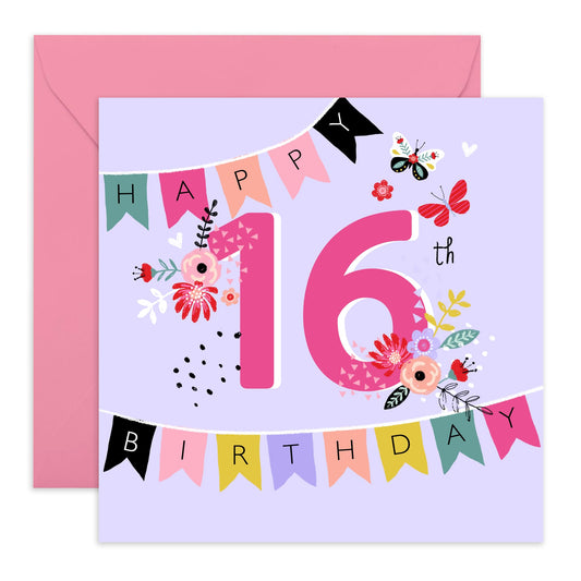 Sixteen Birthday Cards For Kids - 16th Birthday Bunting - Girl Birthday Card 16th Year Old - Bday Card - Happy Birthday Card For Daughter Granddaughter Niece - Comes With Stickers By Central 23