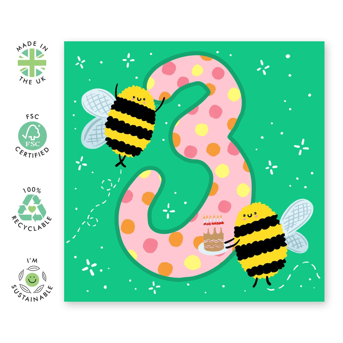 3rd Birthday Card Girl Boy - Happy Birthday Cards For Kids Three Year Old - Third Birthday Cards For Son - Toddler Milestone Age Cards Green - Gifts For Daughter - Comes With Stickers By Central 23