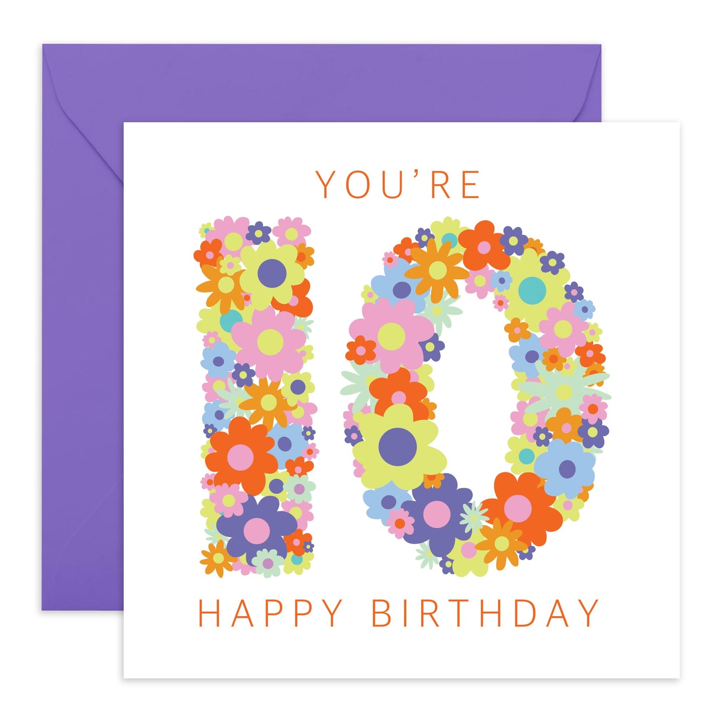 Girl Birthday Card Age 10 - Floral Rainbow Age 10 - Happy Birthday Card Kids Ten Years Old - 10th Bday - Gifts For Daughter Granddaughter Sister Niece - Comes With Fun Stickers - By Central 23