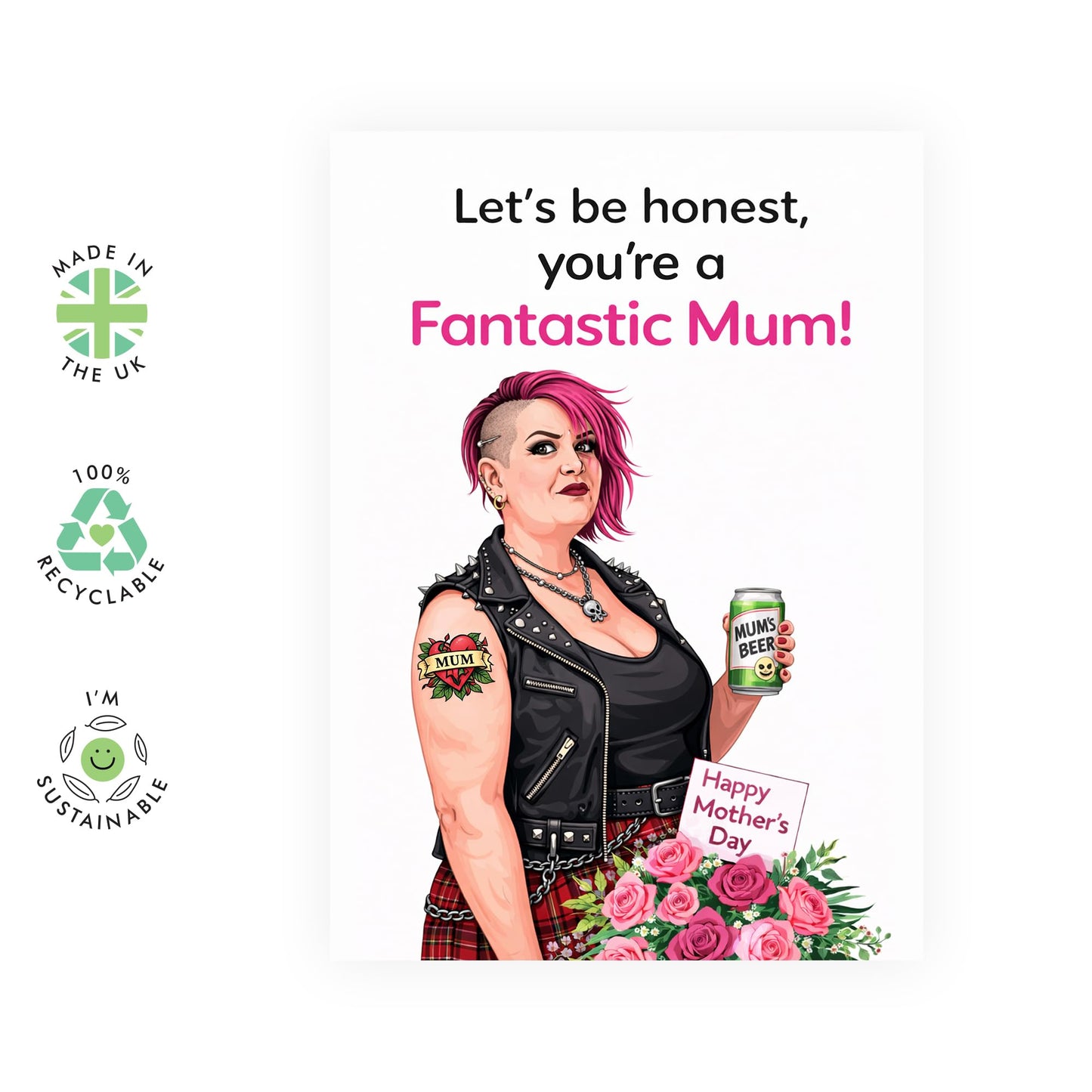 Rockstar Mother's Day Card – Mum Punk Rock Beer – Cool Greeting for Ma Mam Wife Sister Friend Her Ladies Women from Son Daughter Husband Family - Comes with Fun Stickers