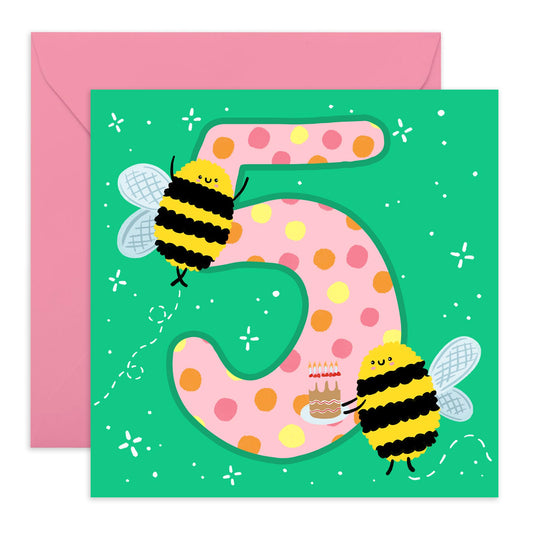 5th Birthday Card Boy Girl - Happy Birthday Cards For Kids Five Year Old - Fifth Birthday Cards For Son Daughter - Toddler Milestone Age Cards Green - Bee Gifts - Comes With Stickers By Central 23