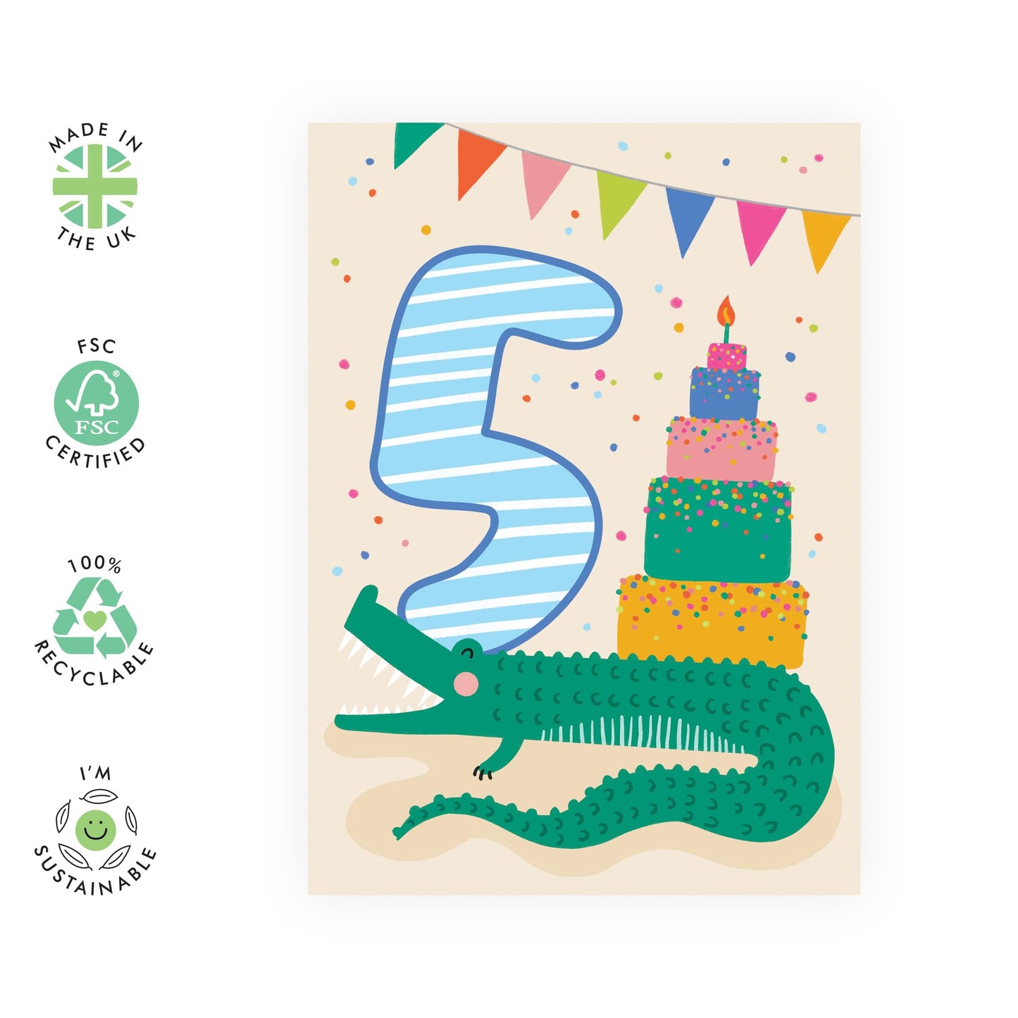 Happy 5th Birthday Card Girl Boy - Bday Cake And Crocodile - Fifth Birthday Cards For Kids Baby Toddlers - Gifts For Godson Granddaughter Niece Age Five - Comes With Cute Stickers By Central 23