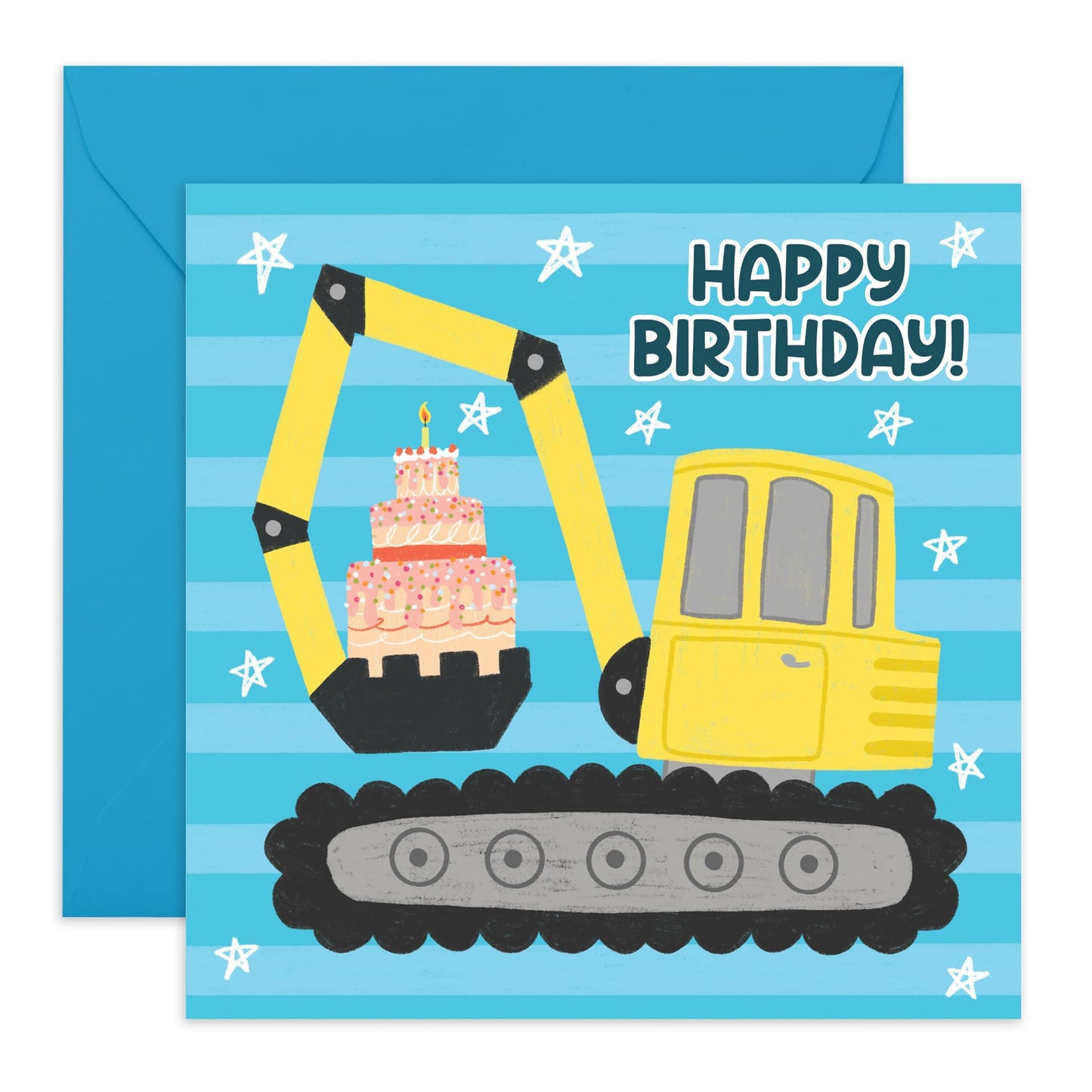 Fun Birthday Card for Children - 'Birthday Kids Digger Cake' - Gifts for Boys, Sons, Child, Children, Nephew, Grandson, Grandchild - Excavator - Comes with Fun Stickers