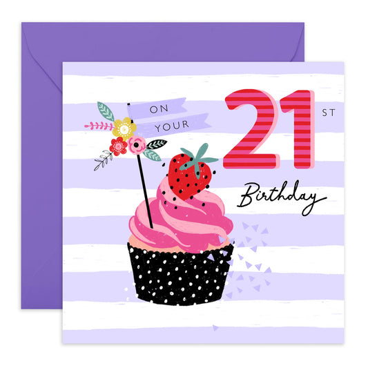 21st Birthday Card For Her - 21st Strawberry Cupcake - Birthday Card - Women Sister - Happy Twenty-first Birthday Card - Daughter Niece - Friend - Comes With Fun Stickers By Central 23