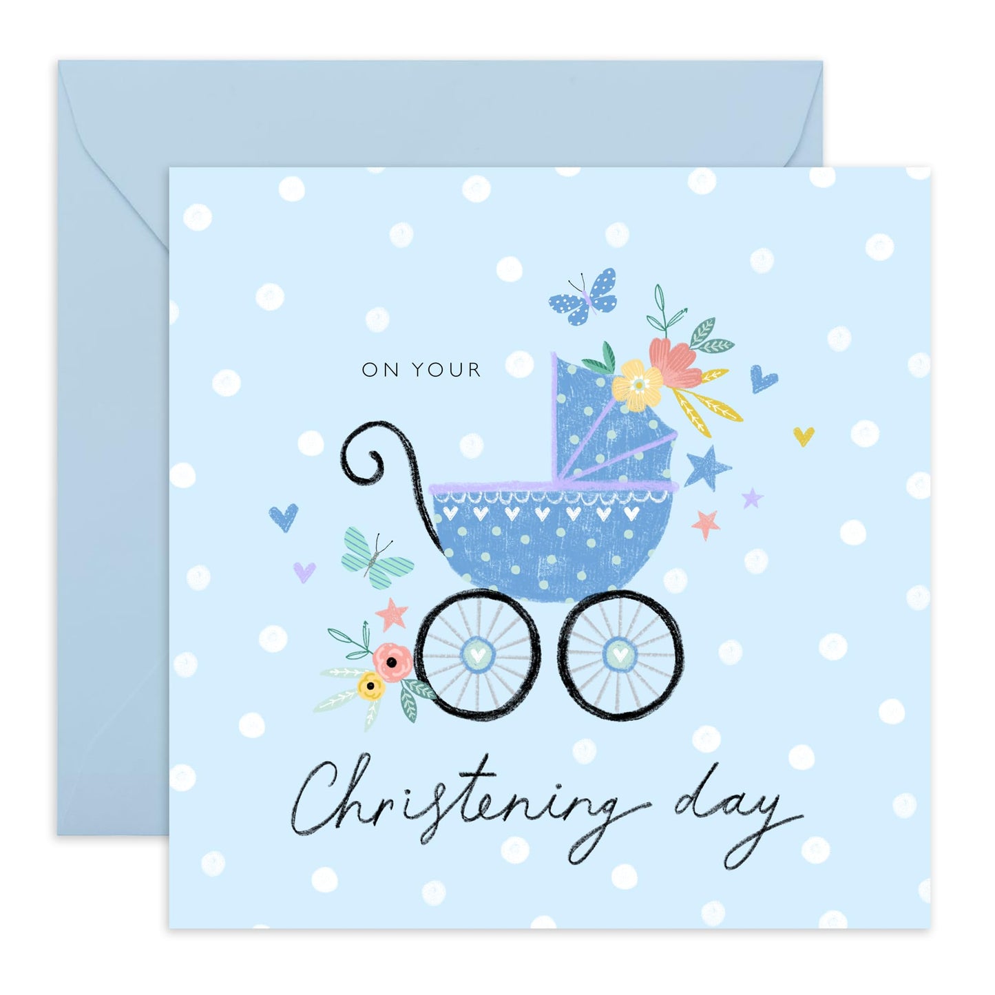 Christening Card For Baby Boy - On Your Christening Day Blue Pram - Baptismal Card For Nephew - Dedication Day Card For Baby - Grandson - Gift From Aunt Uncle - Comes With Fun Stickers By Central 23