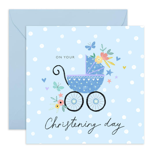 Christening Card For Baby Boy - On Your Christening Day Blue Pram - Baptismal Card For Nephew - Dedication Day Card For Baby - Grandson - Gift From Aunt Uncle - Comes With Fun Stickers By Central 23