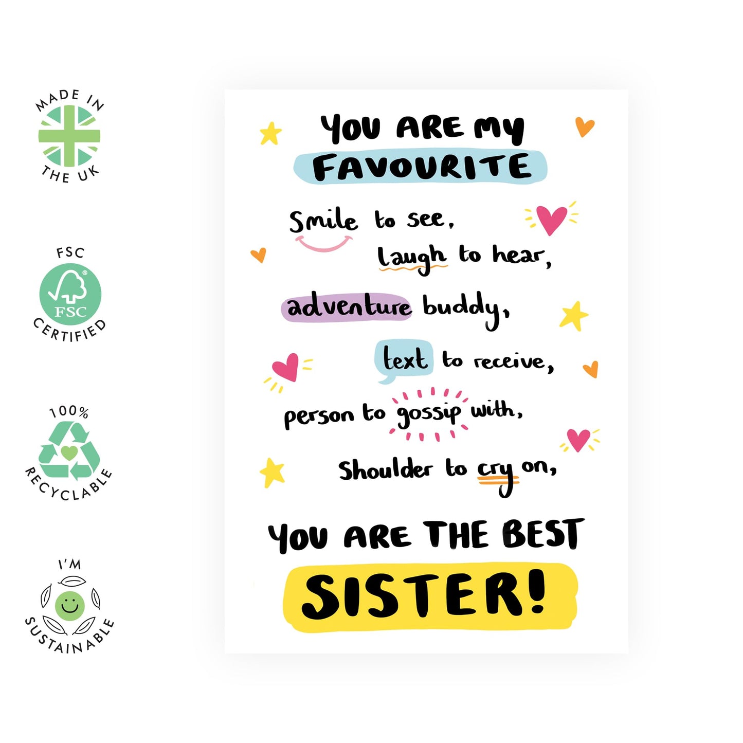 Sweet Greeting Card - 'FAVOURITE SISTER' - Perfect for Birthdays, Milestones, or Simply Celebrating Your Special Bond - Ideal for Expressing Love and Appreciation - Comes With Stickers By Central 23