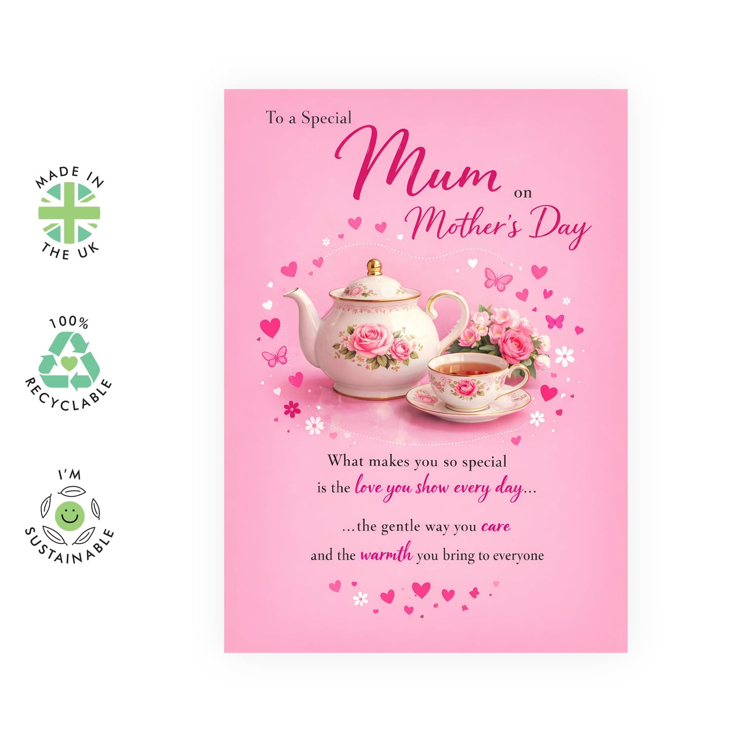 Appreciation Mother’s Day Card – Pink Teapot Floral Design for Mama Mums Mummy Her Women From Son Daughter Family – Greetings, Love Everyday, Gentle Care and Warmth -Comes with Sweet Stickers