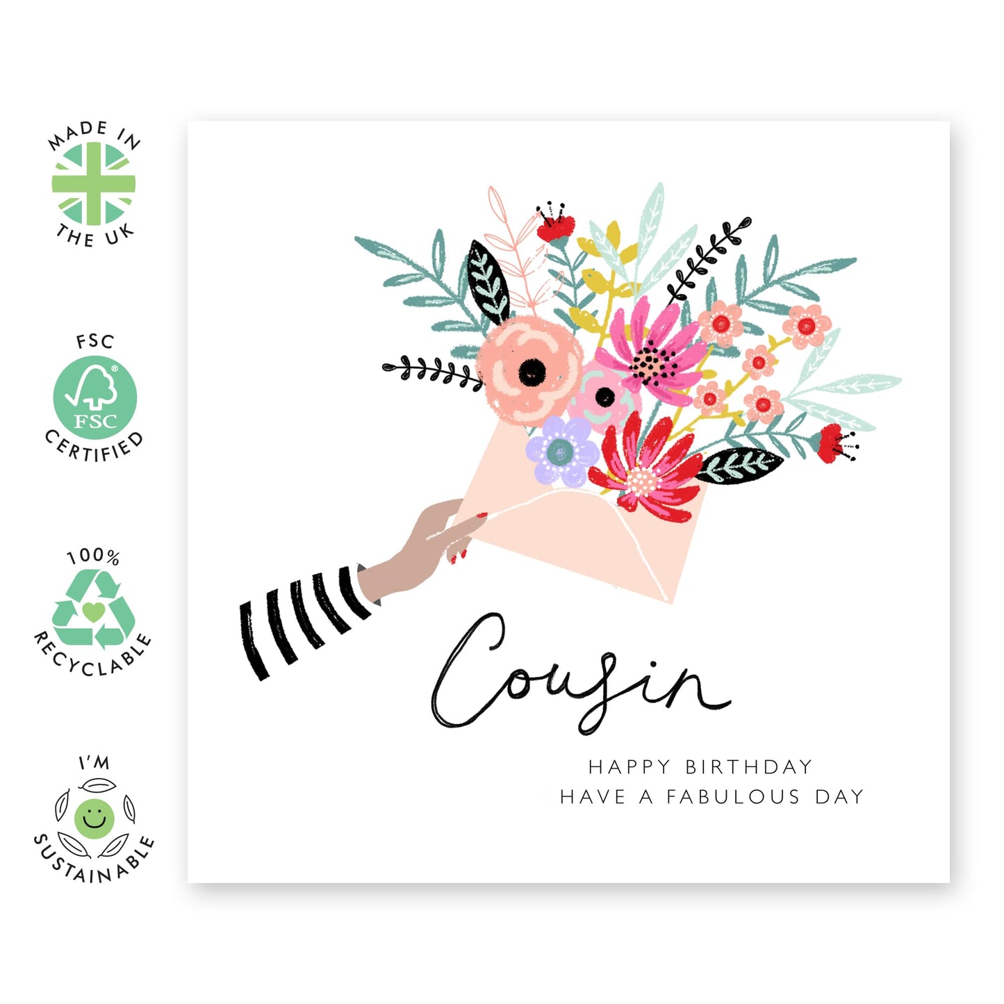 Floral Cards For Cousin - Birthday Card For Women - Flowers Envelope - Gifts For Her - Happy Birthday Greeting Cards For Ladies Female - Comes With Fun Stickers - By Central 23