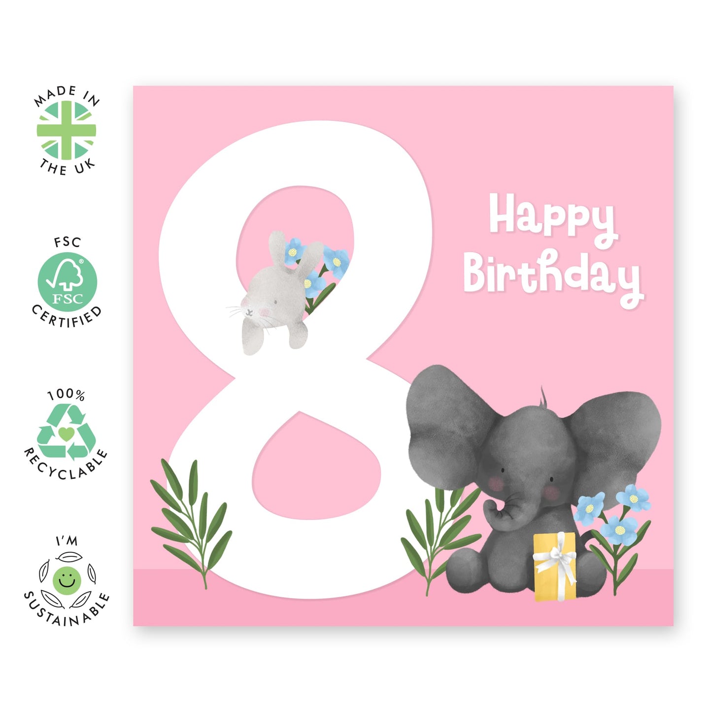 8th Birthday Card For Girls - Cute Animals Elephant - Birthday Card For Kids - Eighth Year Old Gifts For Toddler Niece Granddaughter - Comes With Fun Stickers And Envelope - By Central 23