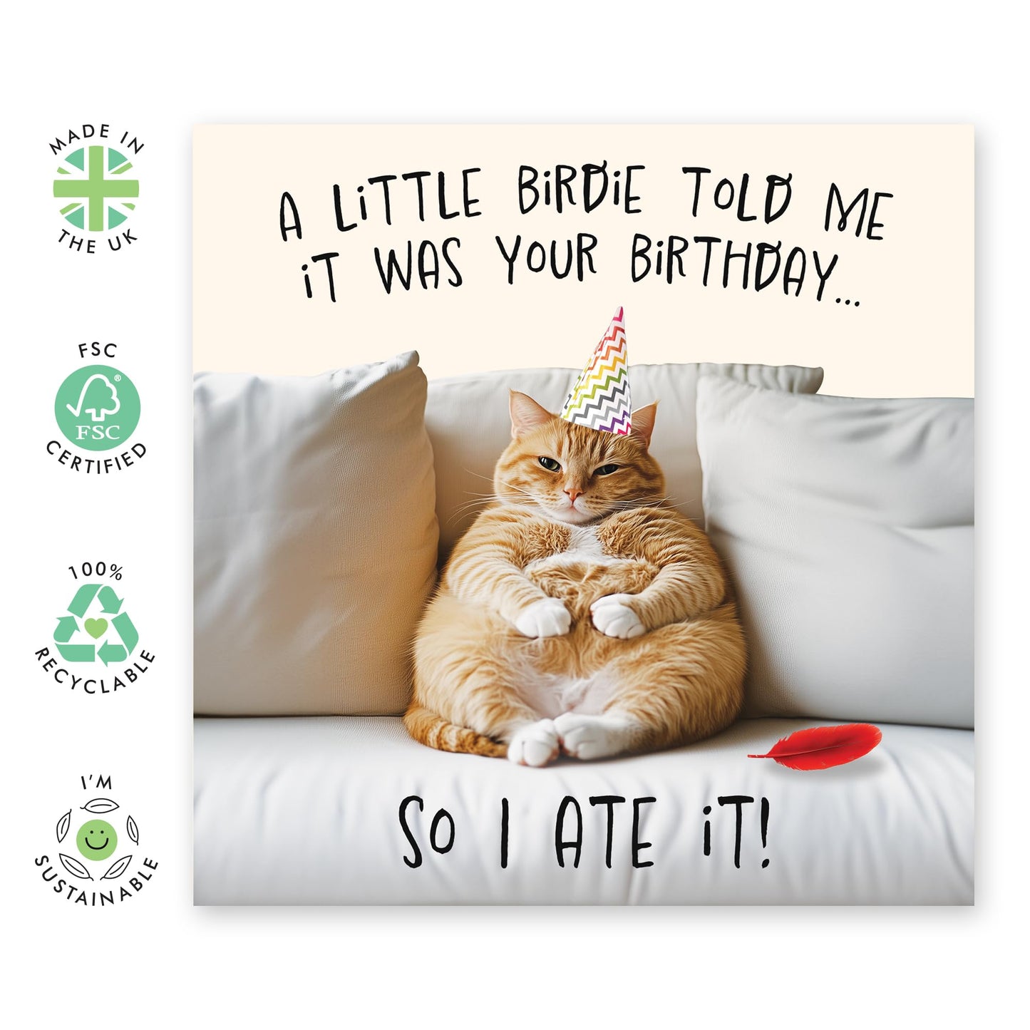 Hilarious Birthday Card for Him or Her - 'Little Birdie Birthday Cat' - Gifts for Friends, Women, Men, Dad, Brother, Boyfriend, Colleagues - Cat is Full - Comes with Fun Stickers