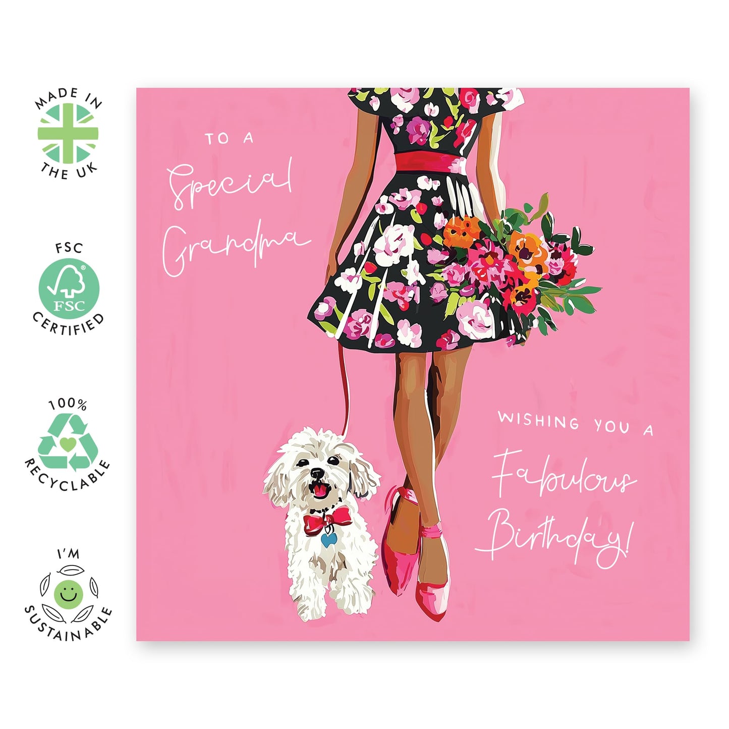Ladies Birthday Card - "Grandma Dog" - Presents for Her, Women, Nana, Nanny, Nan, Family from Grandson or Granddaughter- Cute Summer Dress and Flowers - Comes with Fun Stickers