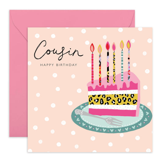 Cousin Birthday Cards For Women - Birthday Cake And Candles - Cousin Birthday Cards For Ladies Female Her - Trendy Print - Gifts For Cousins - Comes With Fun Stickers - By Central 23