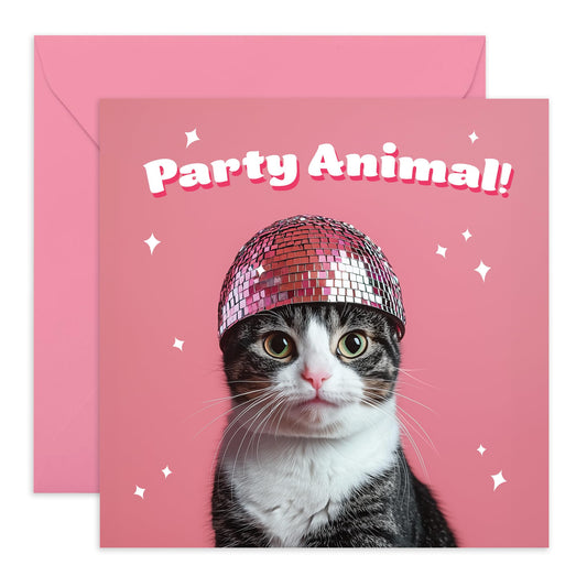 Birthday Card Adorable Cat - 'Party Animal Disco Ball Cat' - Gifts for Girlfriend, Bestie, Girls, Co-worker, Colleague, Sister, Sis, Girlfriend, Ladies - Dance Party - Comes with Fun Stickers