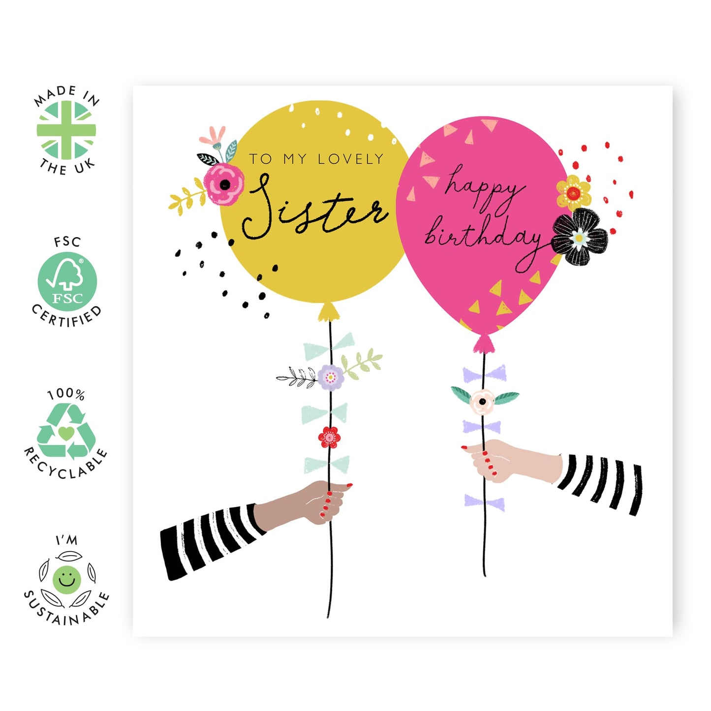 Birthday Cards For Sister - Trendy Balloons - Elegant Greeting Cards And Envelopes - Flower Gifts Presents - Pretty Love Cards For Her Women Female Sibling - Comes With Fun Stickers By Central 23