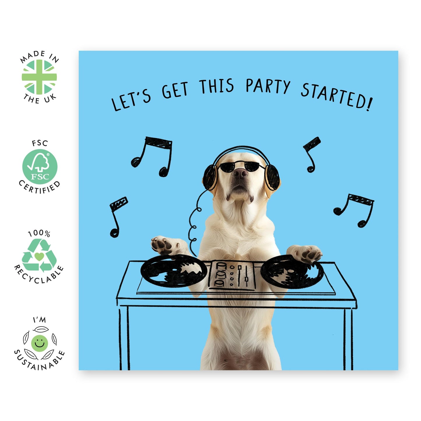 Birthday Card - 'DJ DOG PARTY STARTED' - Perfect for Kicking Off the Celebration with a Canine Twist - Ideal for Adding a Fun & Energetic Touch to Their Special Day - Comes With Stickers By Central 23
