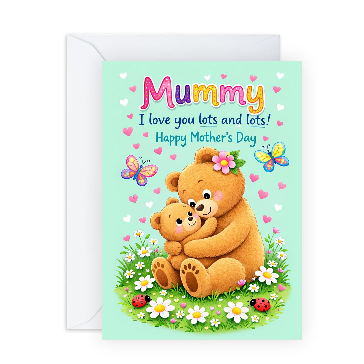 Sweet Mother’s Day Card – Mummy I Love You Lots Bear Cute – Warm Greeting for Mama Mummy Ma Grandma Her Ladies Women From Son Daughter Child Toddler Family - Hugging -Comes with Stickers