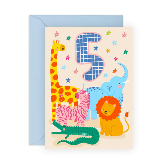 5th Birthday Card Girl Boy Kids - Cute Safari Animals - Happy Birthday Card Age Five - Gifts For Godson Granddaughter Niece Nephew Toddlers Five Year Old - Comes With Stickers By Central 23
