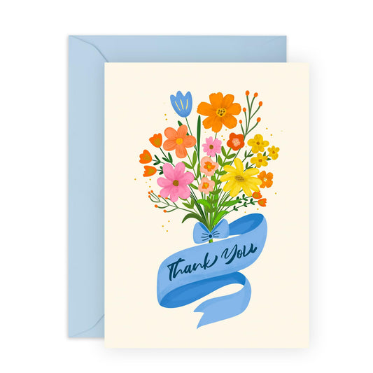Thank You Flower Bouquet Greeting Card - 'Thank You Floral Ribbon' - Gifts for Friends, Colleagues, Co-workers, Family, Relatives, Mum, Dad, Bestie - Saying Thanks - Comes with Fun Stickers