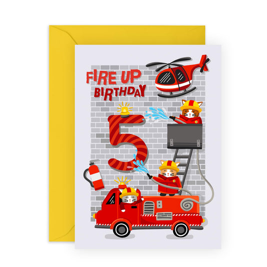Kids Birthday Card 5th Birthday - Happy Fifth Birthday Card For Boy - Fire Engine Helicopter - 5 Year Old - Greeting Cards Gift For Son Grandson Brother - Comes With Stickers - By Central 23
