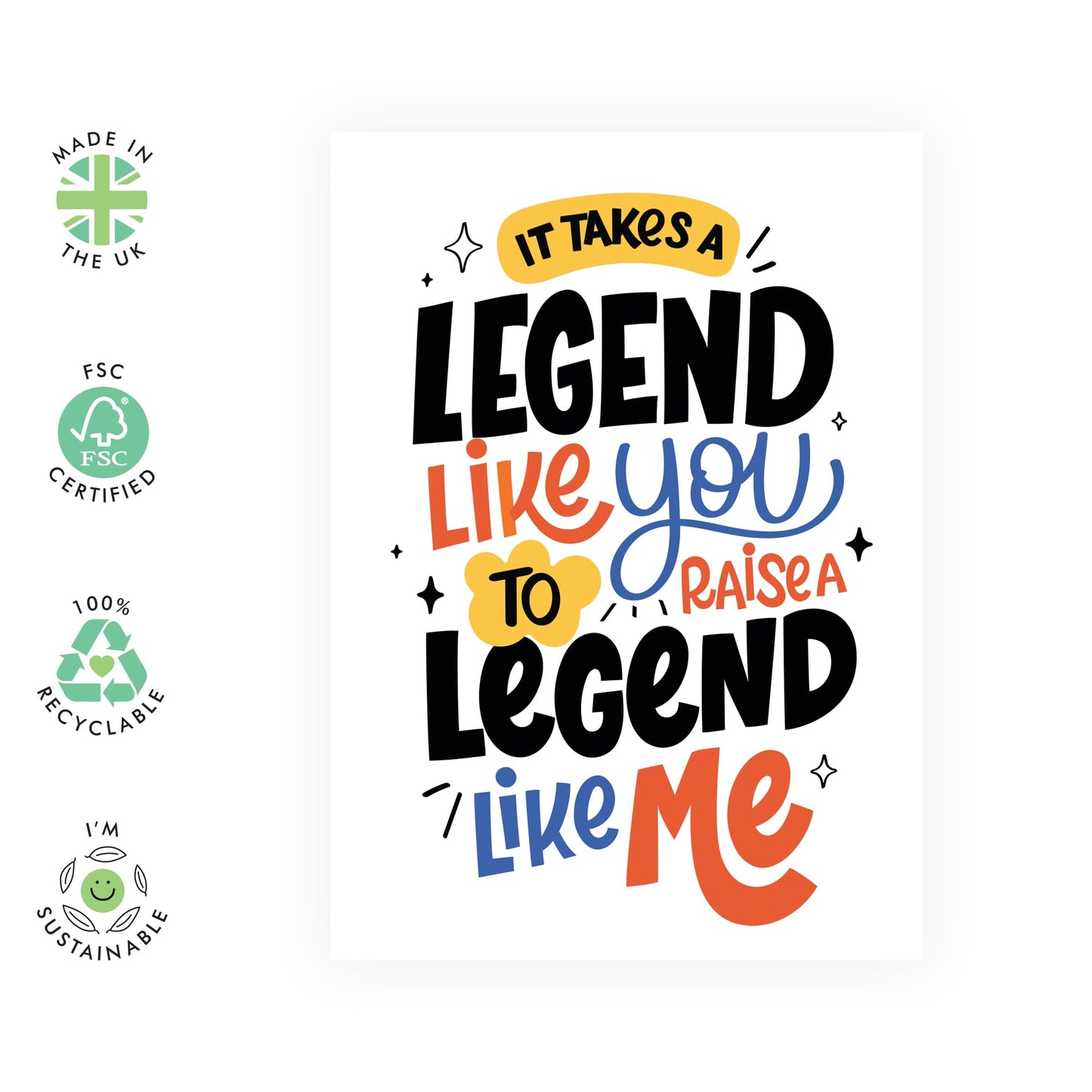 Appreciation Card - It Takes A Legend Like You - For Mum Her Mummy Ma Dad Mother Father Parents Grandparents from Son or Daughter - Ideal for Birthdays, Mother's Day, Fathers Day - Comes With Stickers