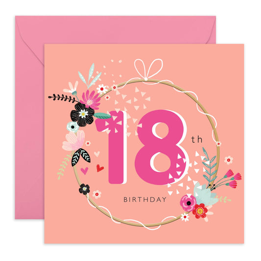 18th Birthday Card - 18 Birthday Wreath - Happy Eighteenth Birthday Cards - Birthday Card - 18 Year Old Gift - Gifts For Girls Niece Daughter - Floral Bday Card - Comes With Stickers By Central 23