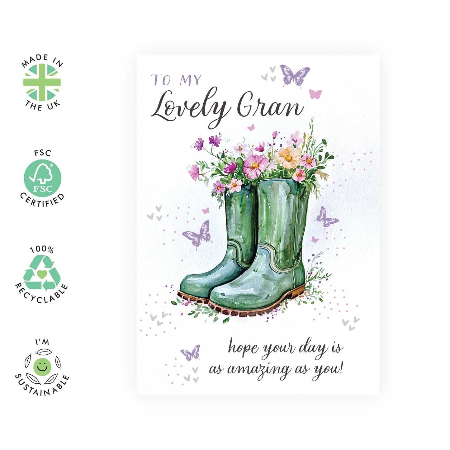 Grandma Birthday Card - To My Lovely Gran - Flower And Butterfly - Granny Birthday Cards For Women - Mother's Day Greeting Card Gift For Nanny Nan Grandma - Comes With Stickers - By Central 23