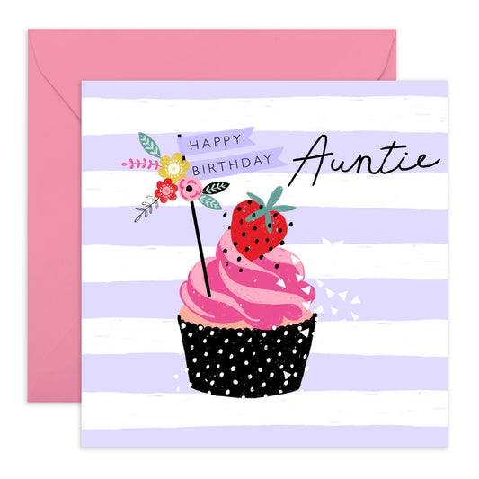 Birthday Card For Women - Lilac Stripes Cupcake - Happy Birthday Auntie Greeting Cards And Envelopes For Her Women Female Aunty Tia - Gifts From Niece Nephew - Comes With Fun Stickers By Central 23