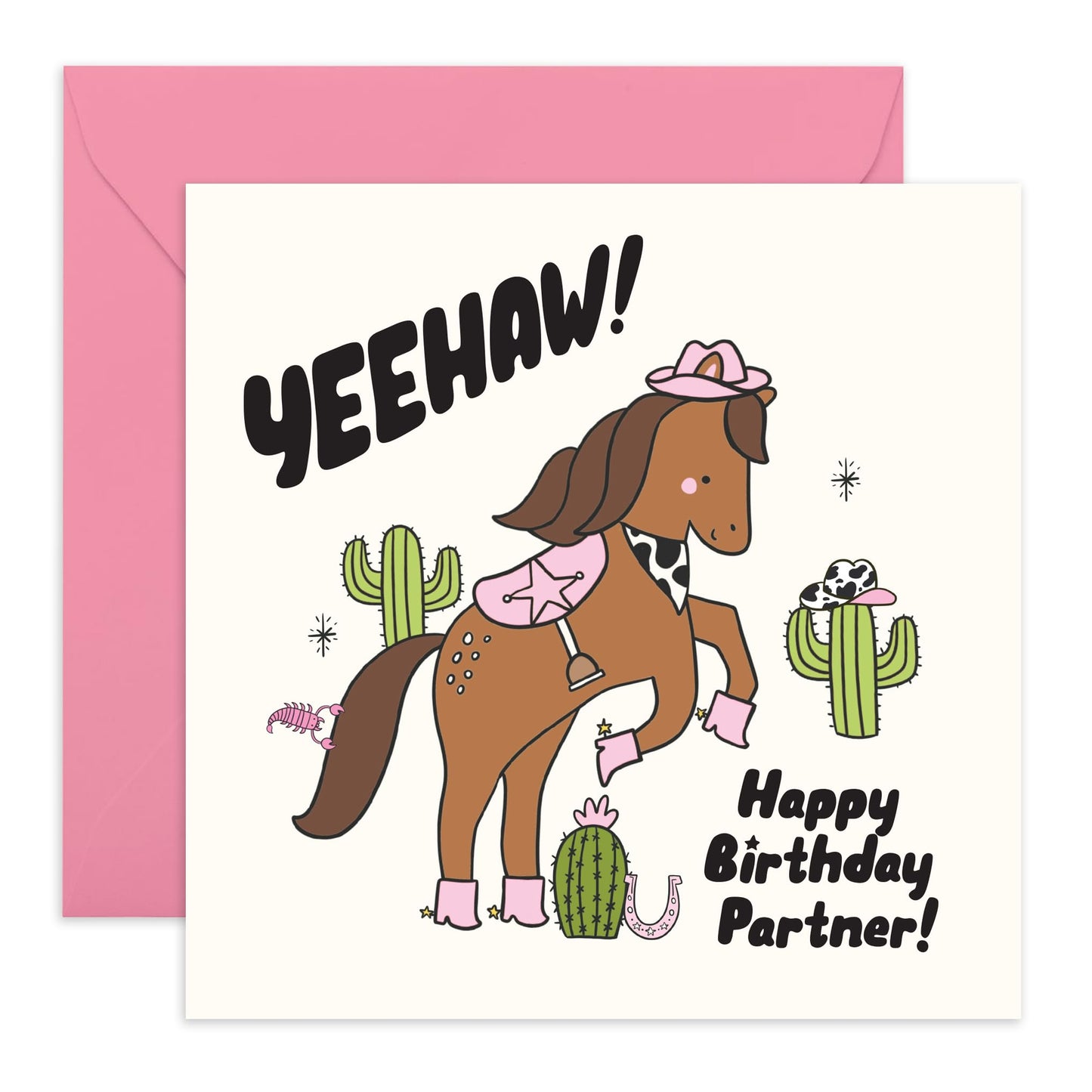 Country Birthday Card - "Yeehaw Partner!" – Presents for Cowgirls, Girlfriends, Besties, Wife, BFF, Best Friend, Sister, Her, Women - Western Horse Design – Comes with Fun Stickers