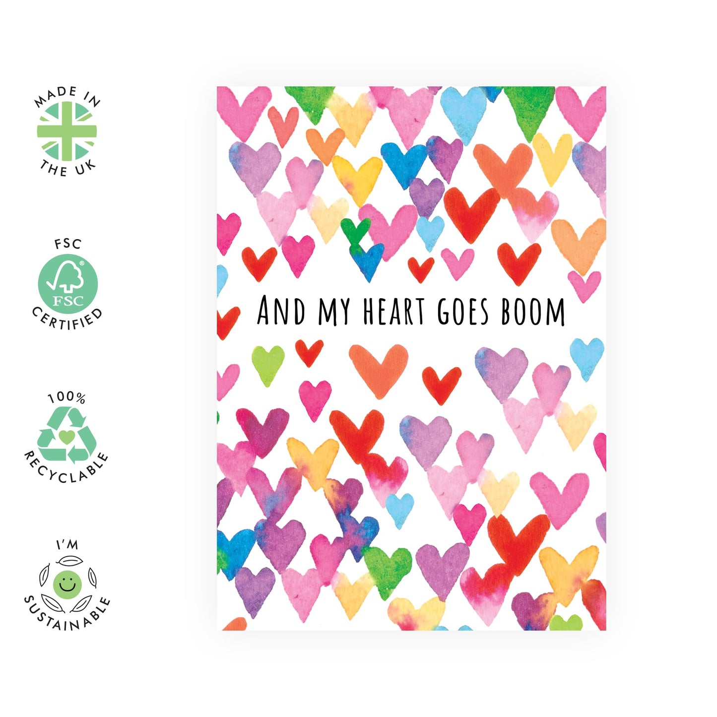 Anniversary Card For Couple Husband Wife - And My Heart Goes Boom - WaterColour Hearts Greeting Cards For Valentine's Day - Sweet Gifts For Fiance Husband Wife - Comes With Sticker By Central 23