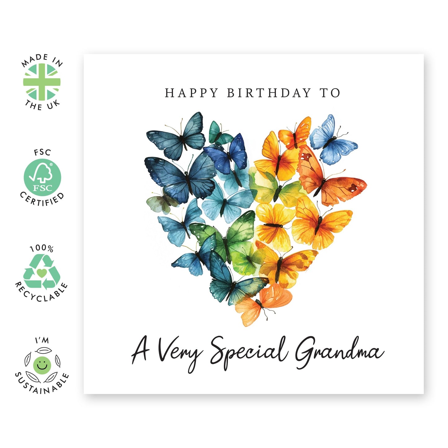 Cute Birthday Card - 'Grandma Birthday Butterfly' - Presents for Mimi, Nana, Grandmam, Grandmum, Grandmother, Grandma - Heart Shaped - Comes with Fun Stickers