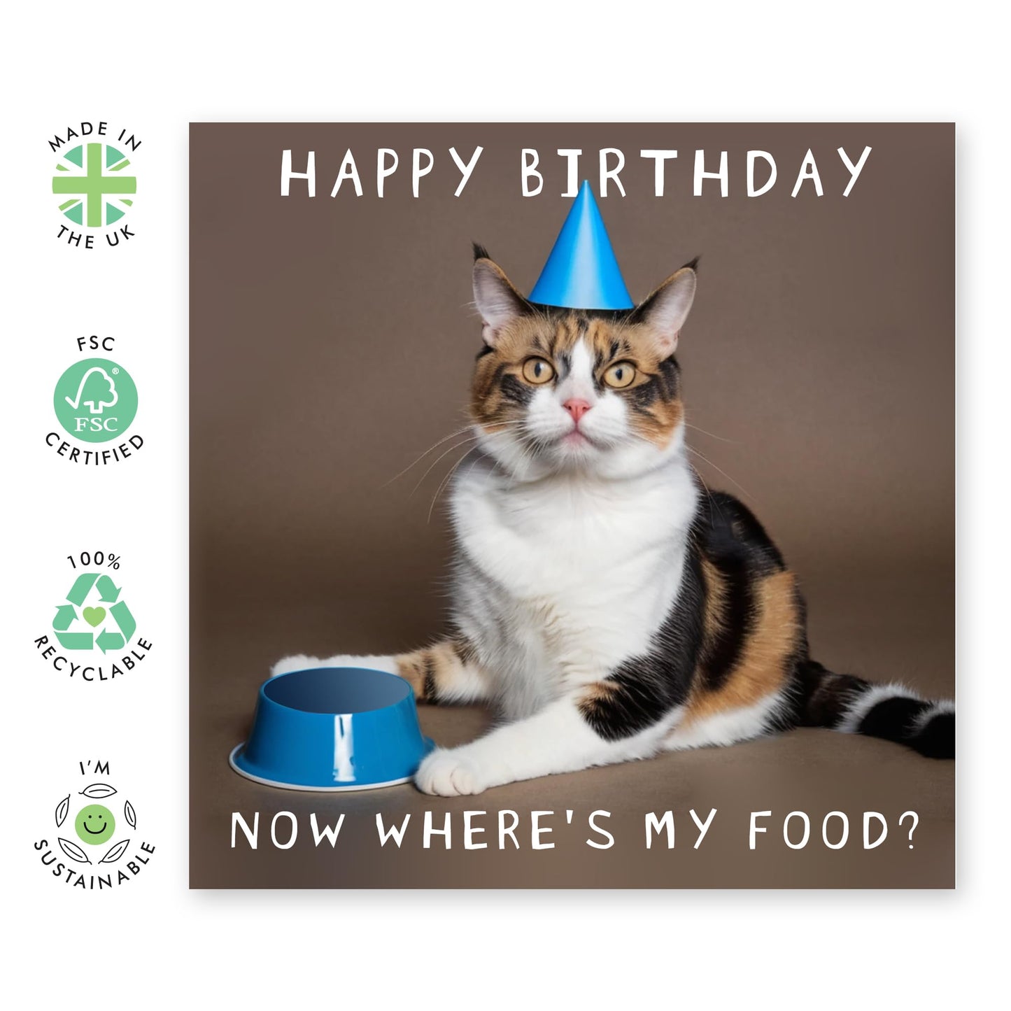 Funny Cat Birthday Card - 'Where's My Food' - Jokes for Friends, Coworkers, Bruv, Mate, BFFs, Besties, Buddies - Hungry Cat - Comes with Fun Stickers
