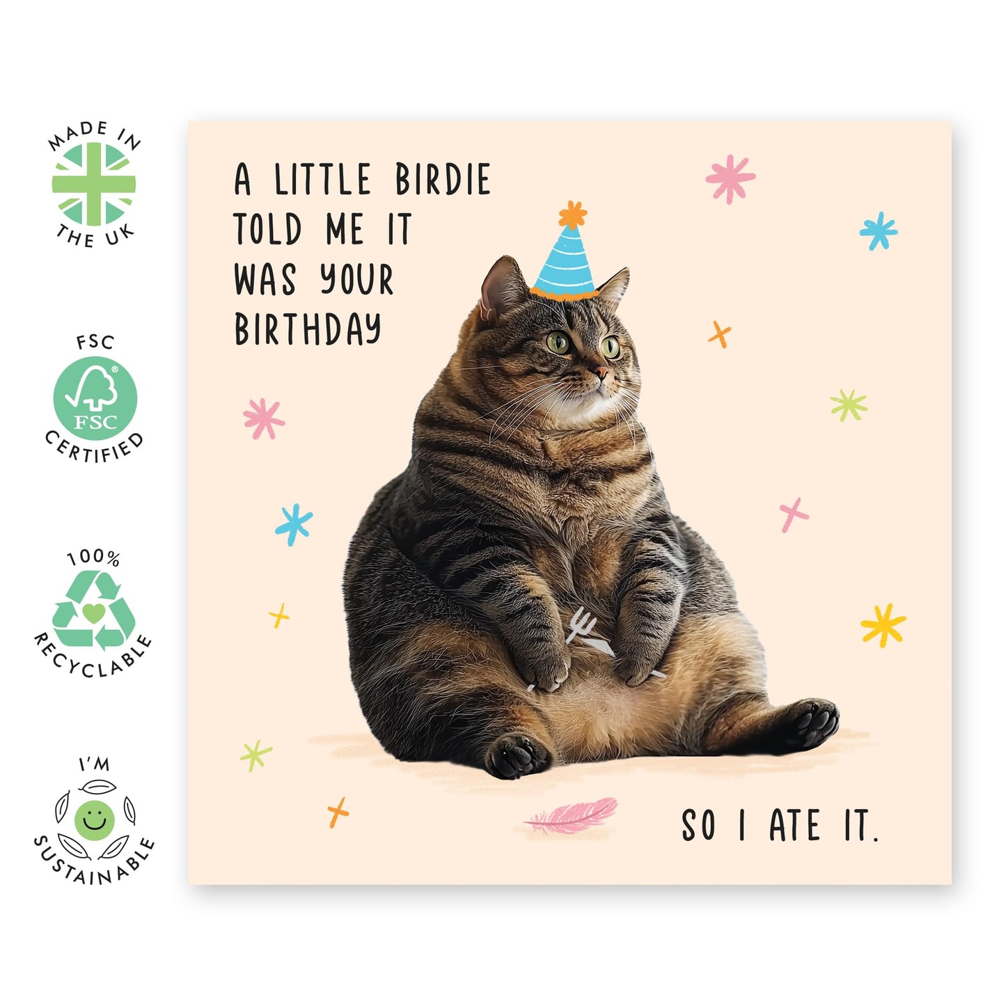 Cute Fat Cat Birthday Card - 'Little Birdie Cat' - Presents for Him, Her, Fur Mum or Dad, Her, Ladies, Cat Lovers, Pet Owners, Sister, Bestie, BFF, Sis, Colleagues, Friends -Adorable and Funny