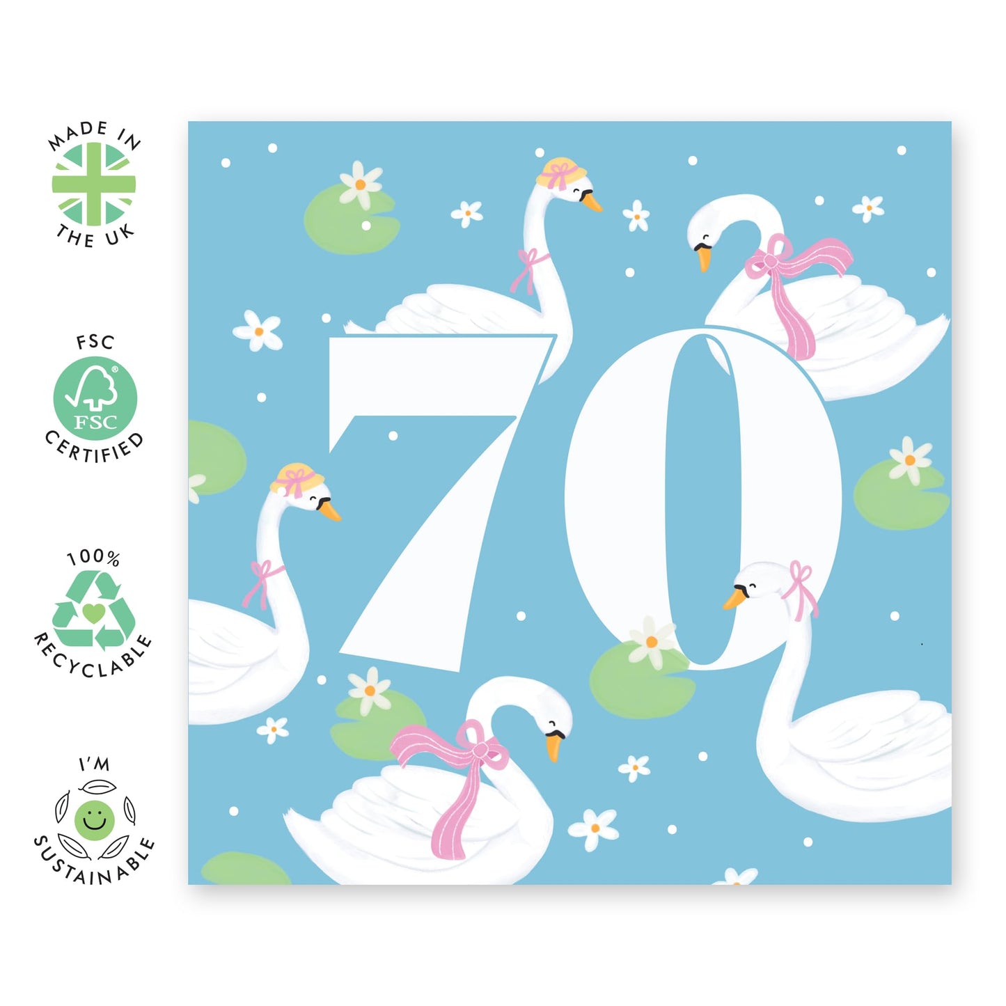 Elegant Birthday Card For Women Age 70 - Swan 70 - Pink Greeting Cards For Her Seventieth Bday - Happy 70th Birthday Cards - Gifts For Friends Aunt Mum - Comes With Stickers By Central 23