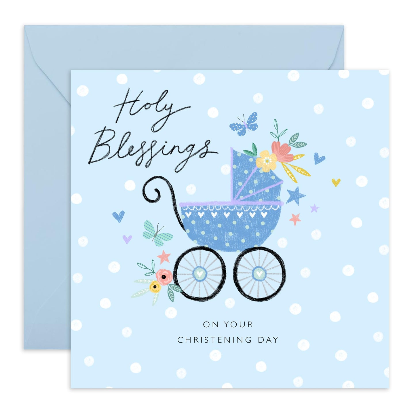 Dedication Day For Baby Boy - Baby Blue Pram Christening - Baptismal Card For Baby - Christening Card For Nephew - Baptism Grandson - Gift From Aunt Uncle - Comes With Fun Stickers By Central 23