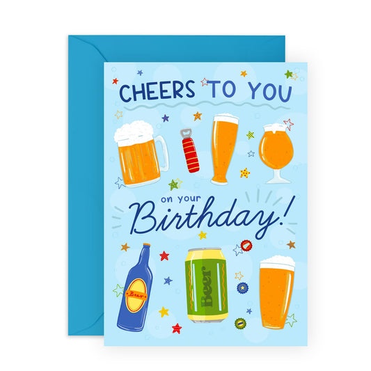 Fun Beer-Themed Greeting Card - Cheers to You Birthday -Celebration for Him, Dad, Brother, Husband, Friend, Buddy, Colleagues, Boyfriend - To The Pub - Comes with Fun Stickers