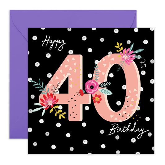 Elegant Birthday Card For Women Age 40 - Happy 40th Polka Dot Birthday - Happy 40th Birthday Cards For Sister - Gifts For Friends Aunt Daughter - Comes With Stickers By Central 23