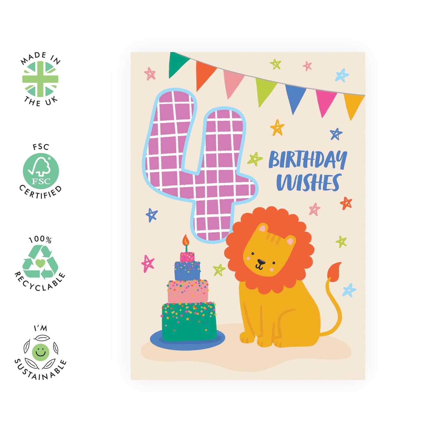 Kids Birthday Cards Age Four - Bday Cake Lion - 4th Birthday Card Boy Girl Toddlers - Gifts For Son Daughter Niece Nephew Godson - Happy Fourth Bday Card - Comes With Stickers By Central 23