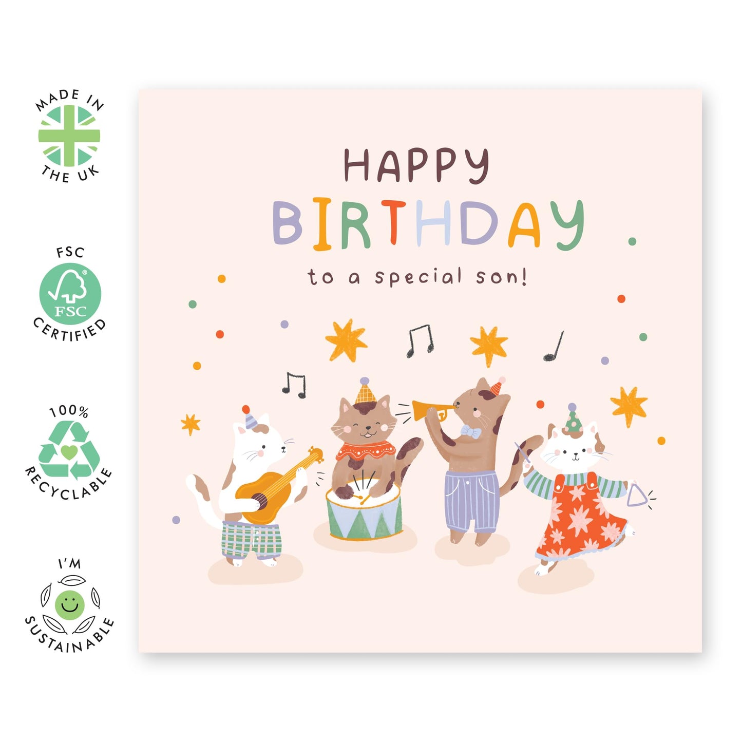 Cat Band Birthday Card - 'Cat Music Birthday Son' - Gifts for Boys, Kids, Children, Him, Family - Musical Instruments - Comes with Fun Stickers
