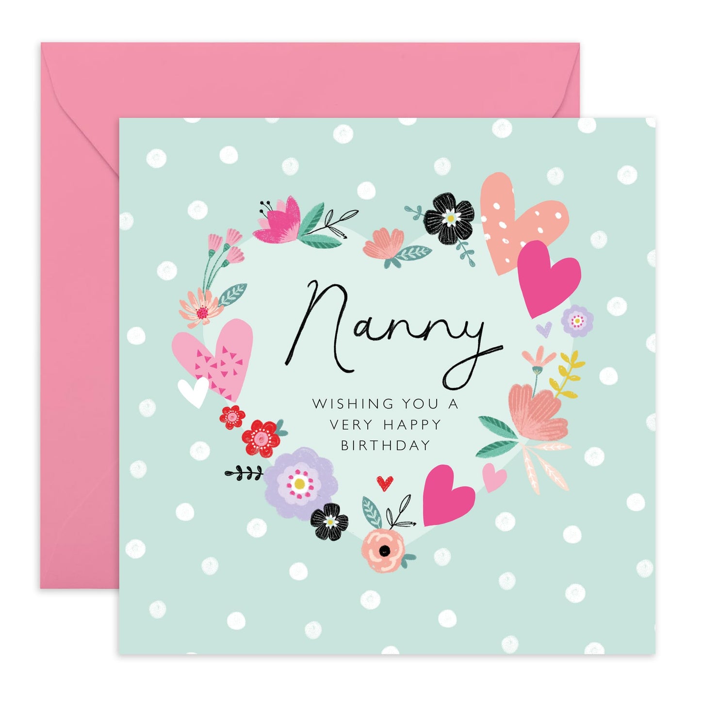 Nanny Birthday Cards - Grandma Gifts For Her - Hearts Flowers Polka Dots Sage Green - Floral Greeting Cards For Women Nana Grandmother - Comes With Fun Stickers - By Central 23