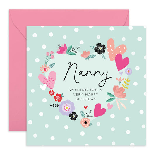 Nanny Birthday Cards - Grandma Gifts For Her - Hearts Flowers Polka Dots Sage Green - Floral Greeting Cards For Women Nana Grandmother - Comes With Fun Stickers - By Central 23